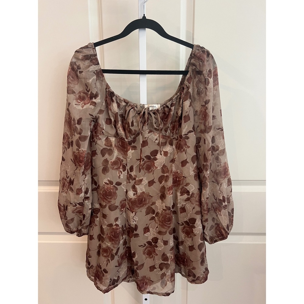 Collabo by Privy Los Angeles Brown Sheer Romantic Cottagecore Dress Small - Picture 2 of 7